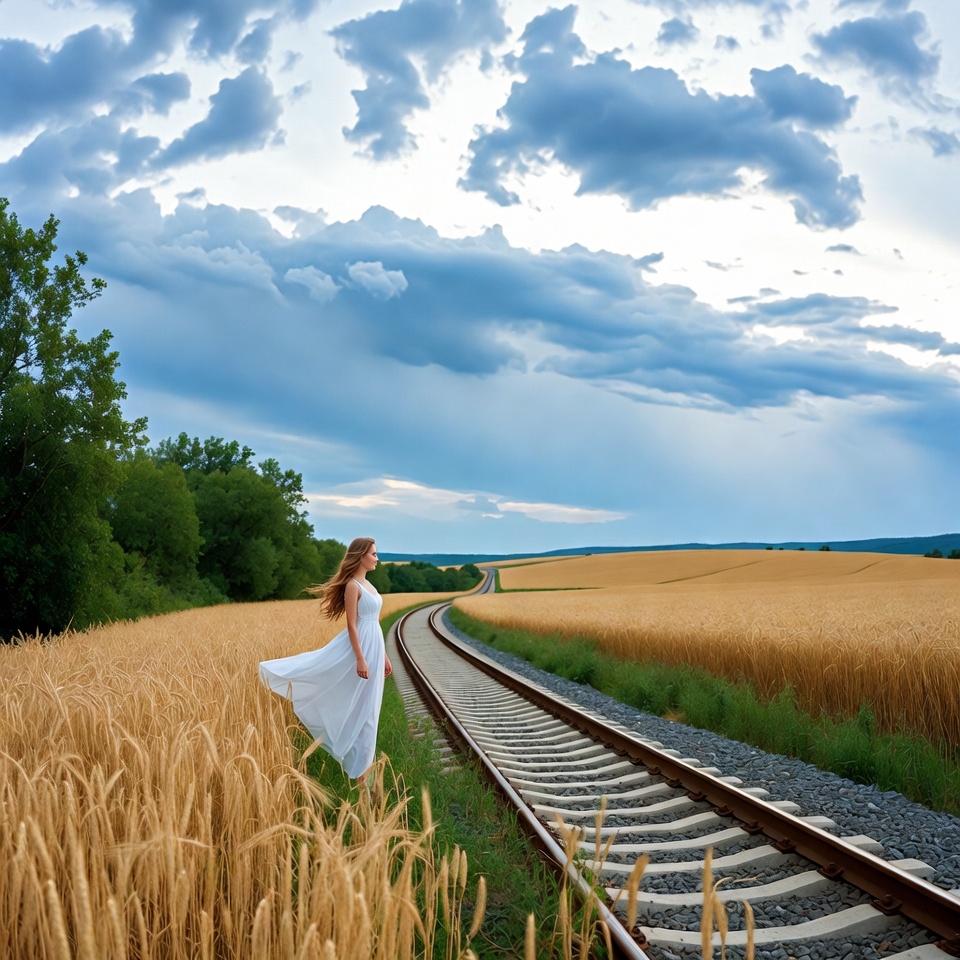 Woman walking by railway track Woman walking by railway track