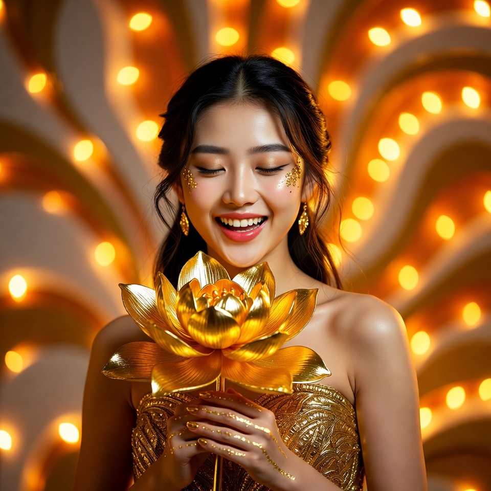 Smiling woman holding golden flower Smiling woman holding golden flower