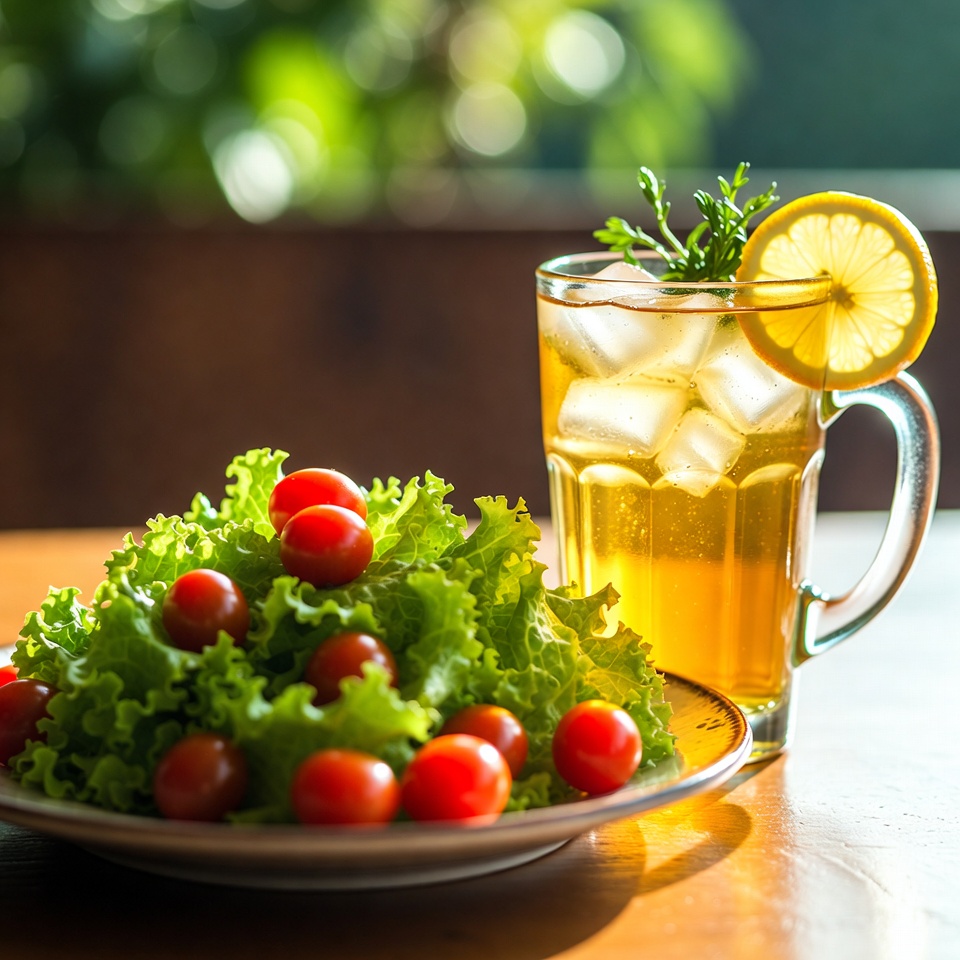 Fresh salad and drink on table Fresh salad and drink on table