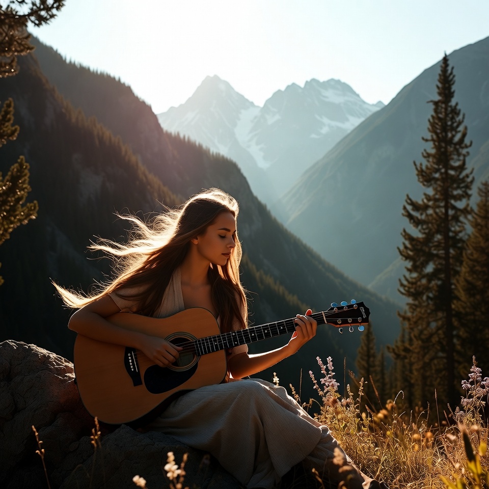 Girl playing guitar in mountains Girl playing guitar in mountains