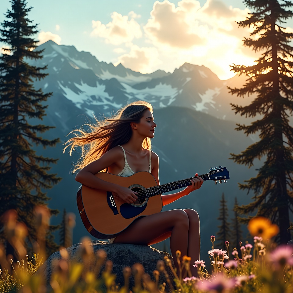 Woman playing guitar in mountains Woman playing guitar in mountains