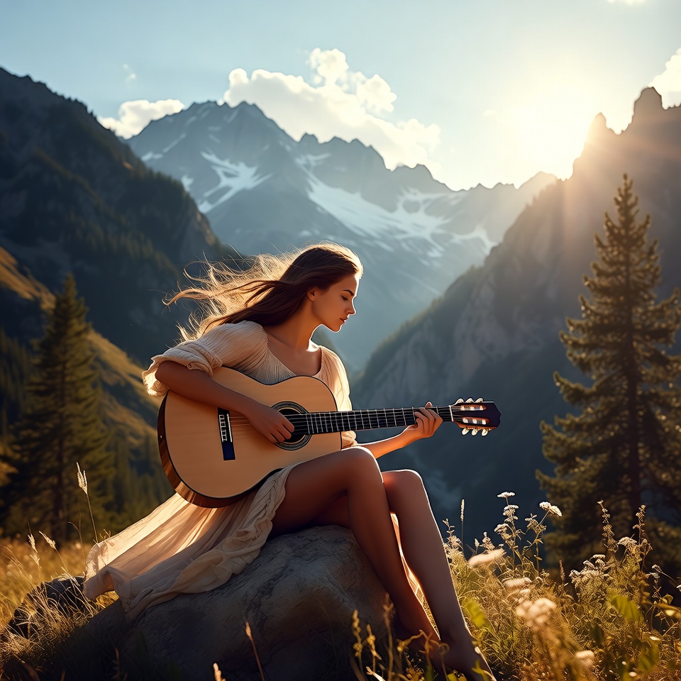 Woman playing guitar in mountains Woman playing guitar in mountains
