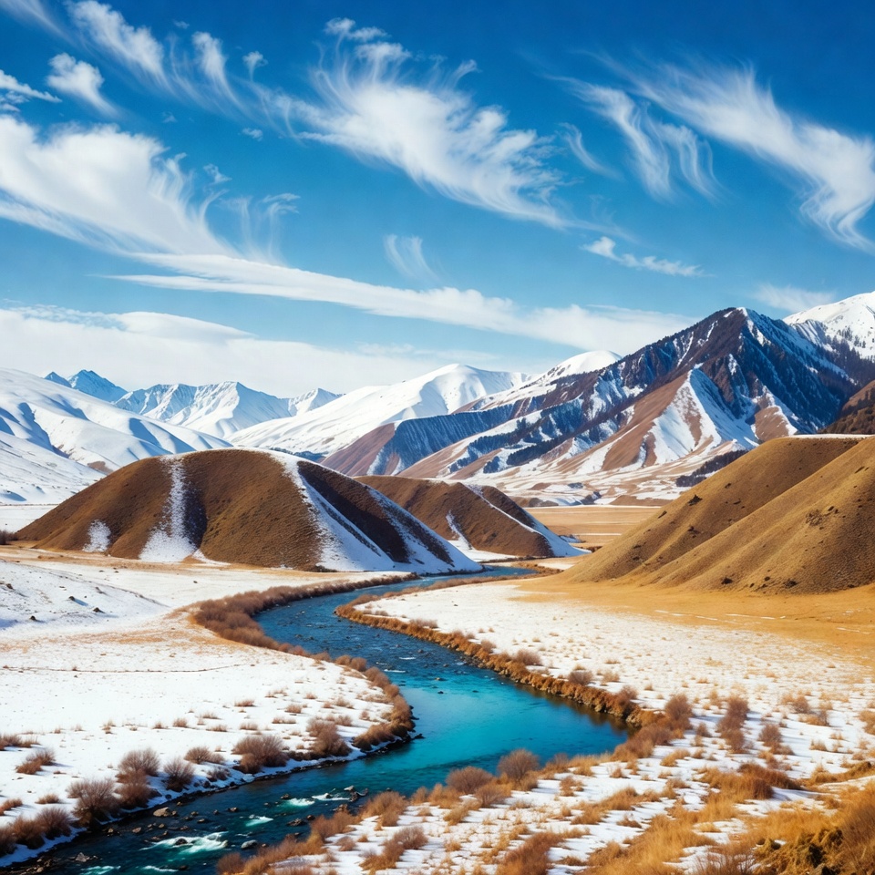 Snowy mountains and river view in winter Snowy mountains and river view in winter