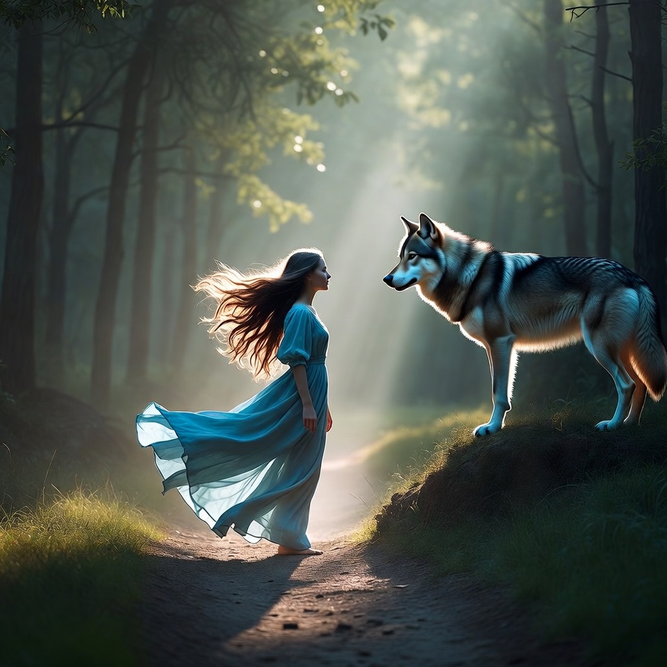 Girl and wolf in forest at sunset Girl and wolf in forest at sunset