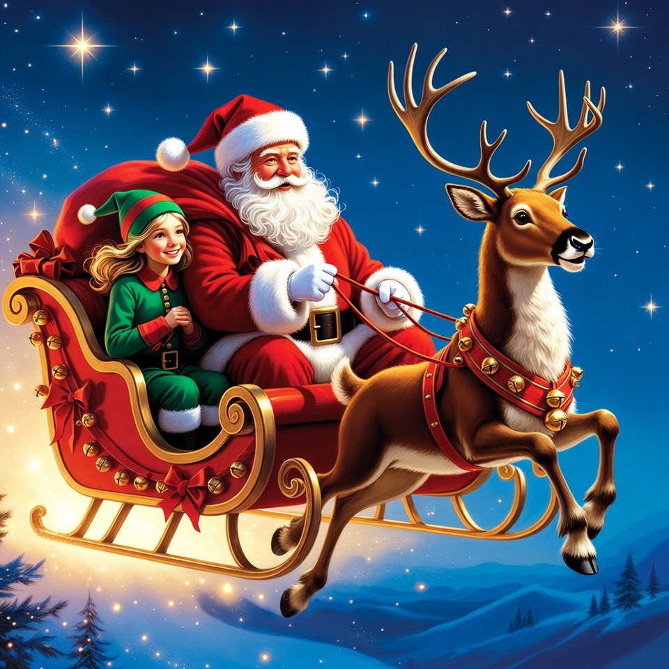 Santa and child ride in sleigh Santa and child ride in sleigh