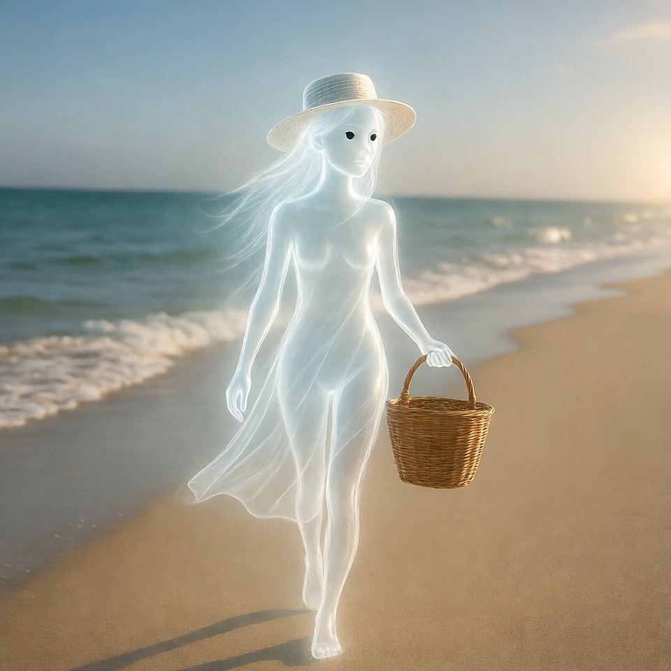 Woman walking on beach with basket Woman walking on beach with basket