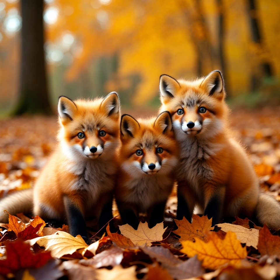 Three young foxes in autumn leaves Three young foxes in autumn leaves