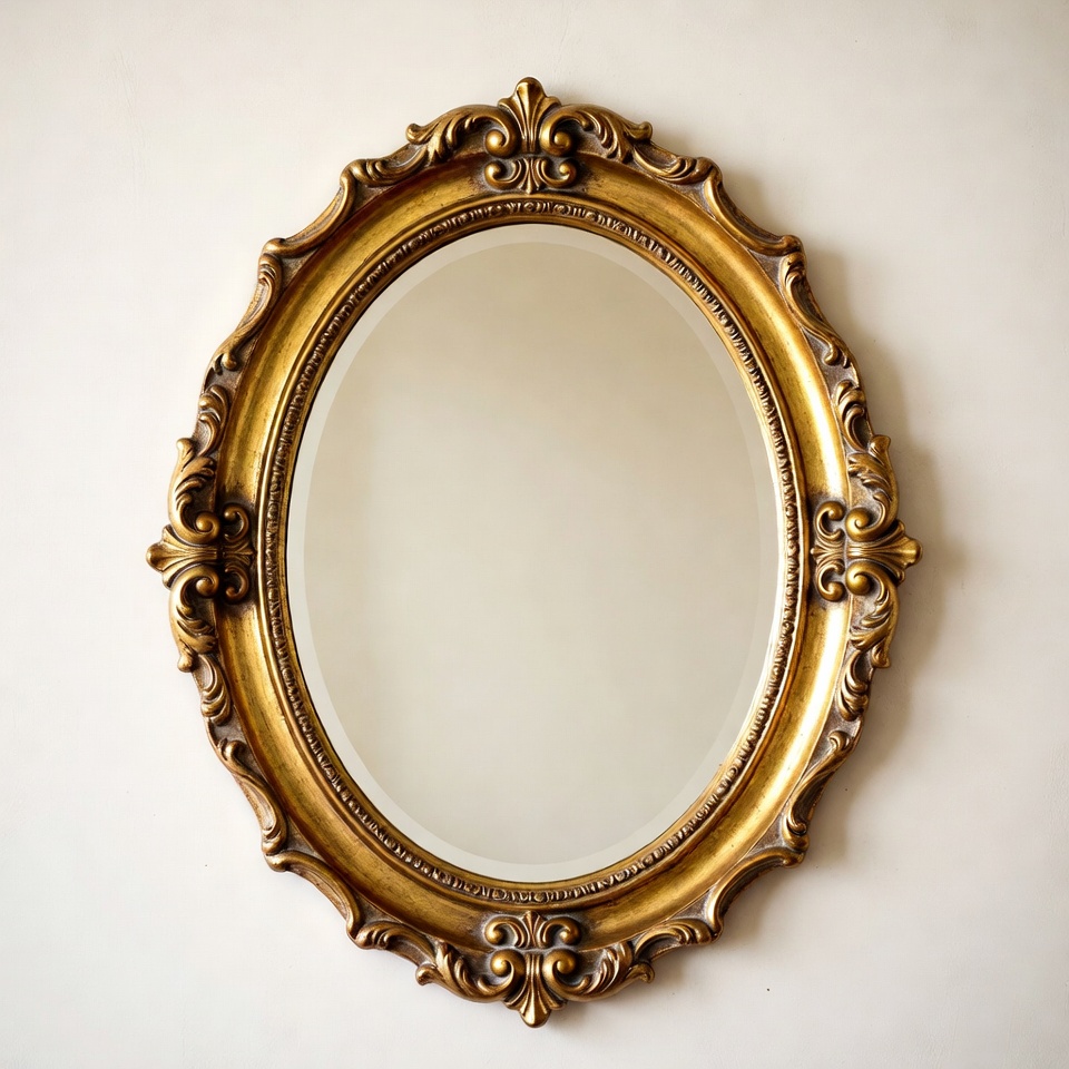 Elegant golden framed mirror on wall Elegant golden framed mirror on wall