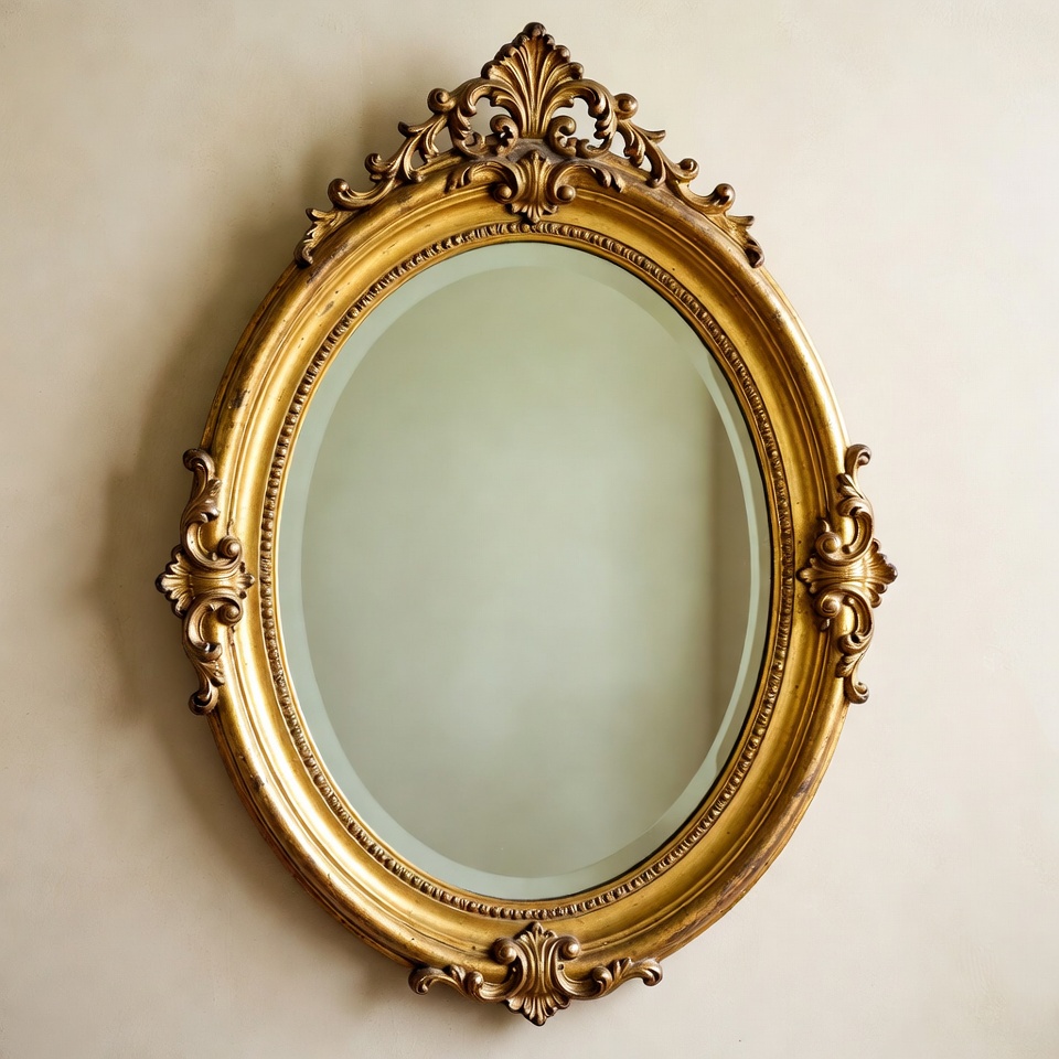 Gold framed oval mirror on wall Gold framed oval mirror on wall