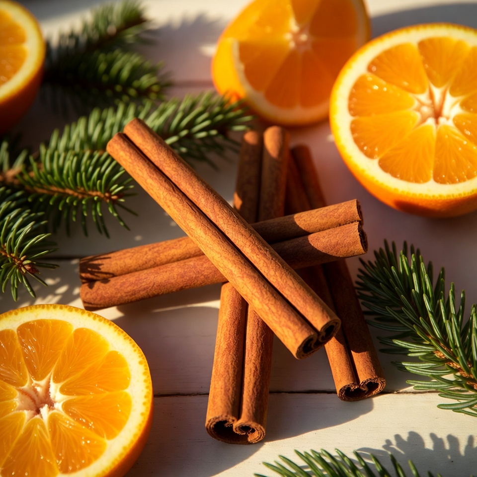 Cinnamon and oranges on wood Cinnamon and oranges on wood