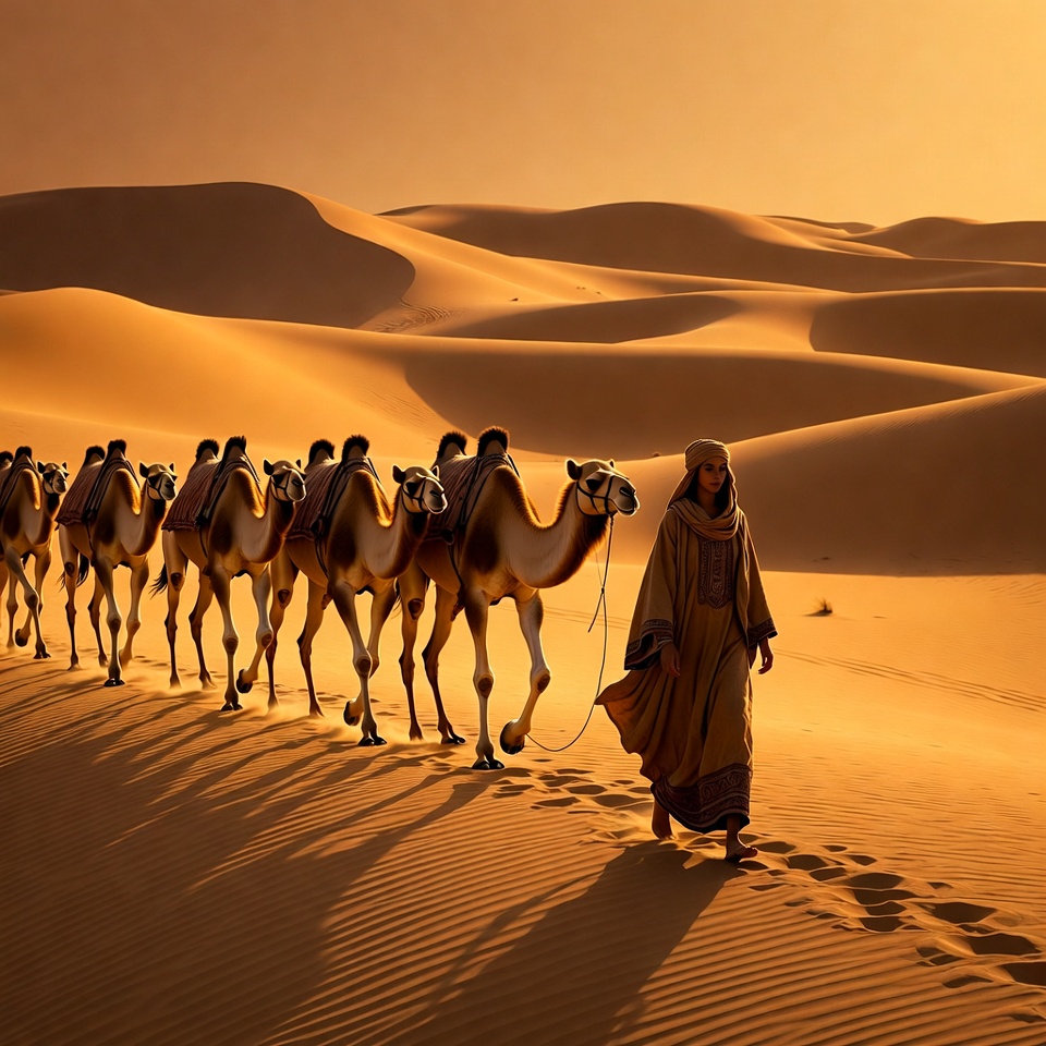Camel caravan moves through desert sands Camel caravan moves through desert sands