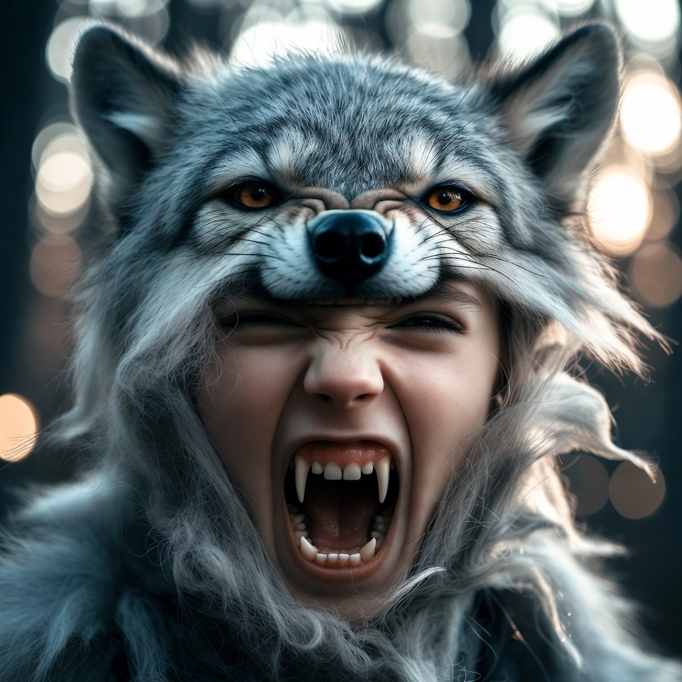 Wolf mask and fierce expression in forest Wolf mask and fierce expression in forest