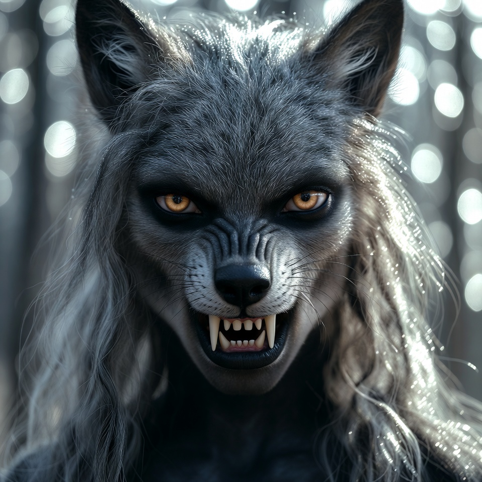 Wolf creature with long hair poses in forest Wolf creature with long hair poses in forest