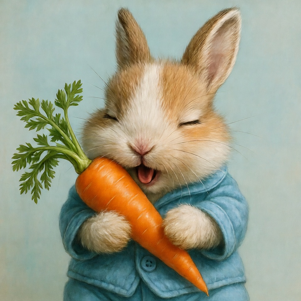 Rabbit holds carrot in blue outfit Rabbit holds carrot in blue outfit