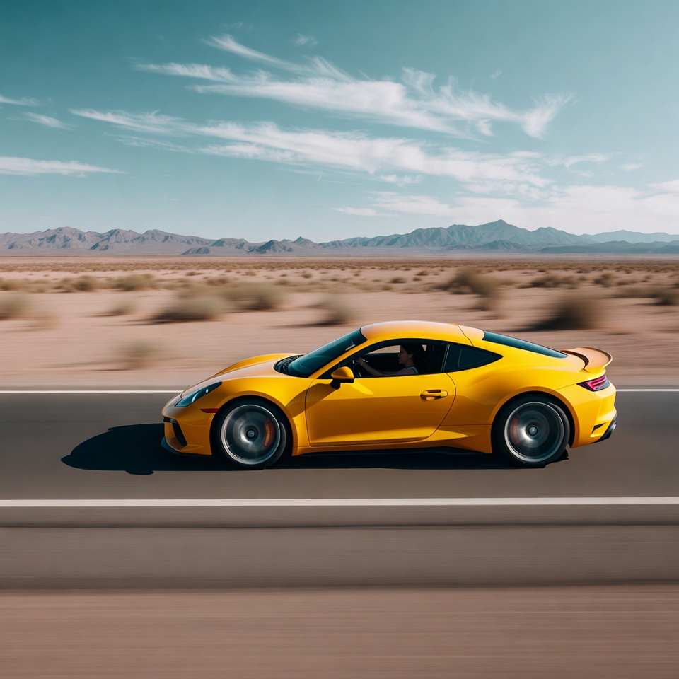 Sport car drives on desert road Sport car drives on desert road