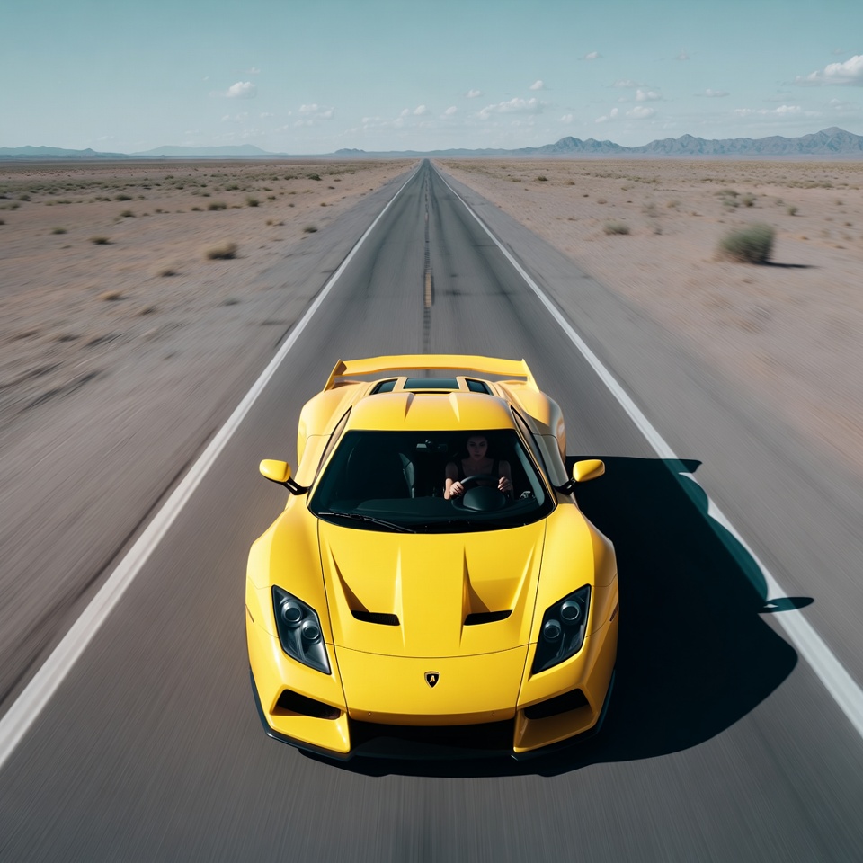 Sports car drives on desert road Sports car drives on desert road