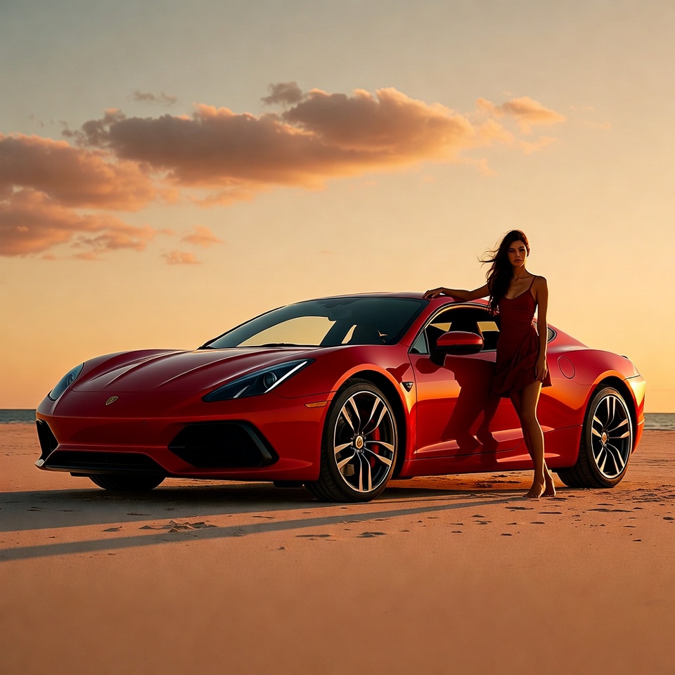 Red car on beach at sunset Red car on beach at sunset