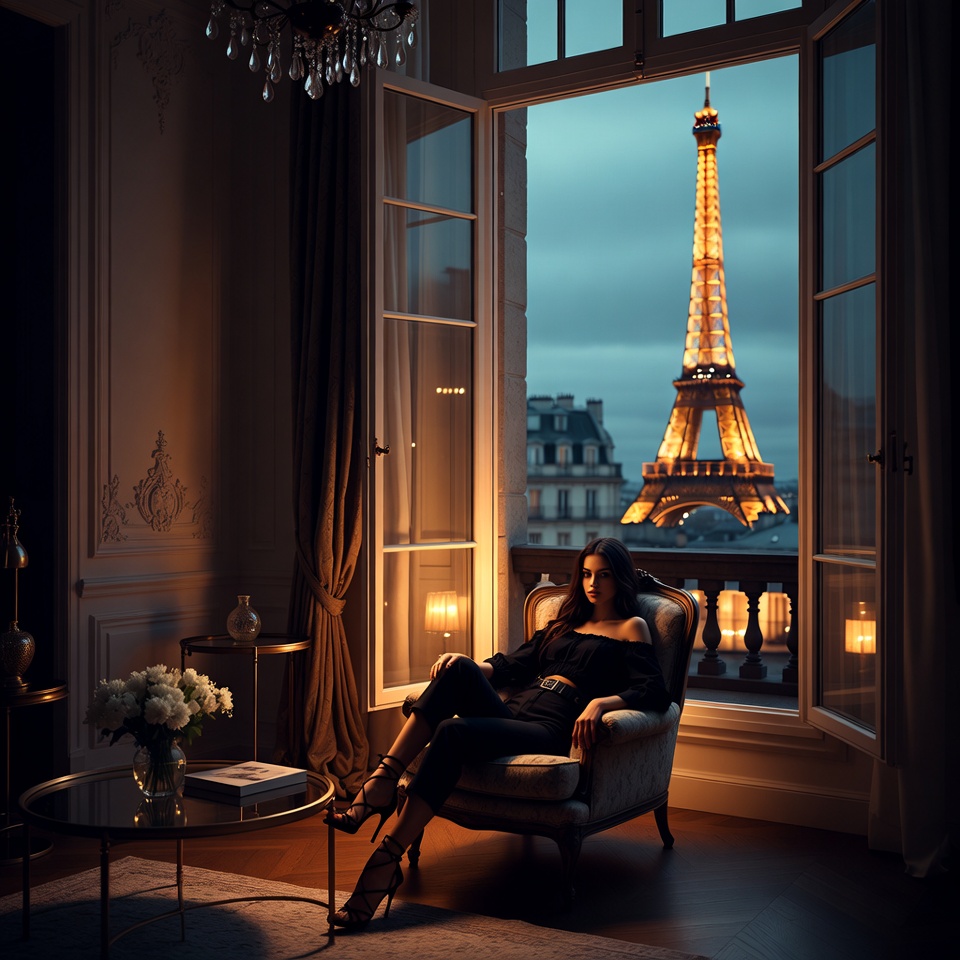 Woman sits by window in paris Woman sits by window in paris