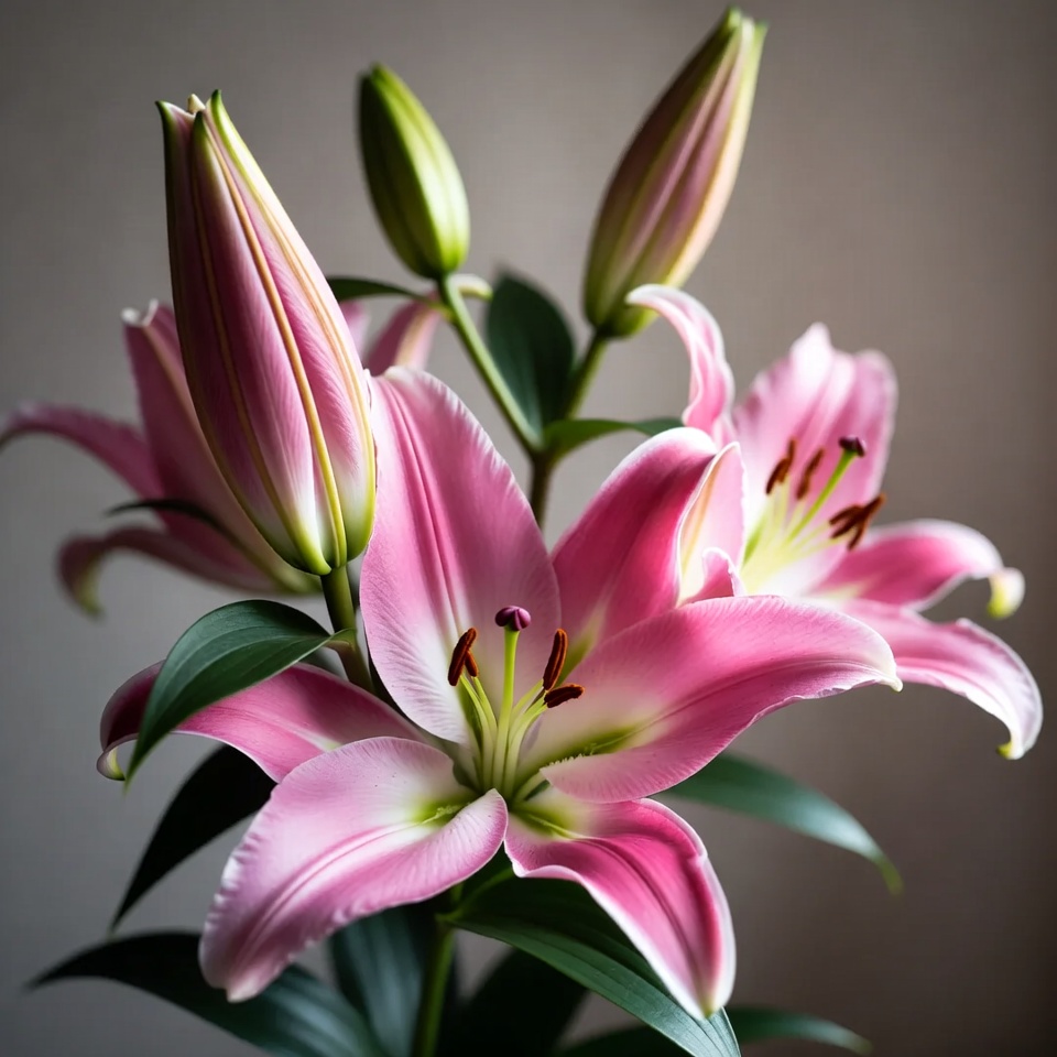 Pink lilies in bloom with buds Pink lilies in bloom with buds