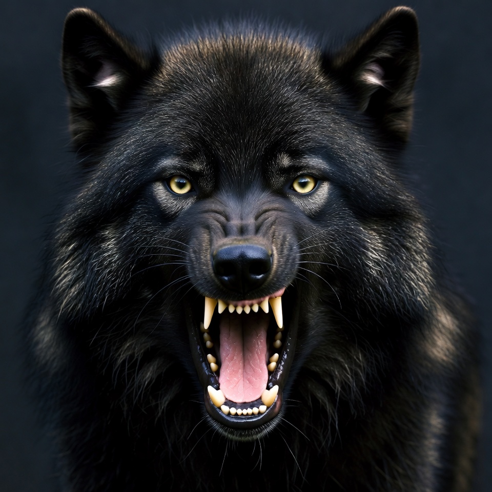 Black wolf displaying fierce expression Black wolf displaying fierce expression