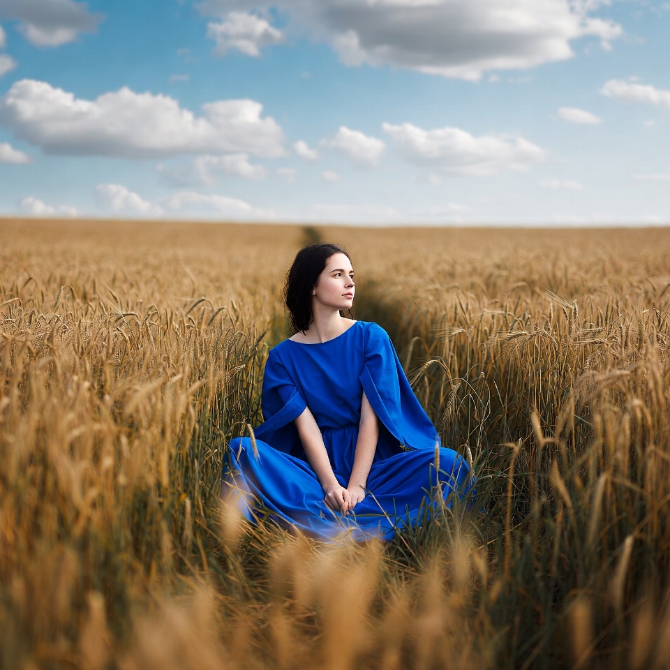 Woman in blue dress in wheat field Woman in blue dress in wheat field