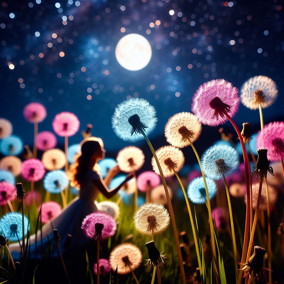 Woman among glowing dandelions at night Woman among glowing dandelions at night