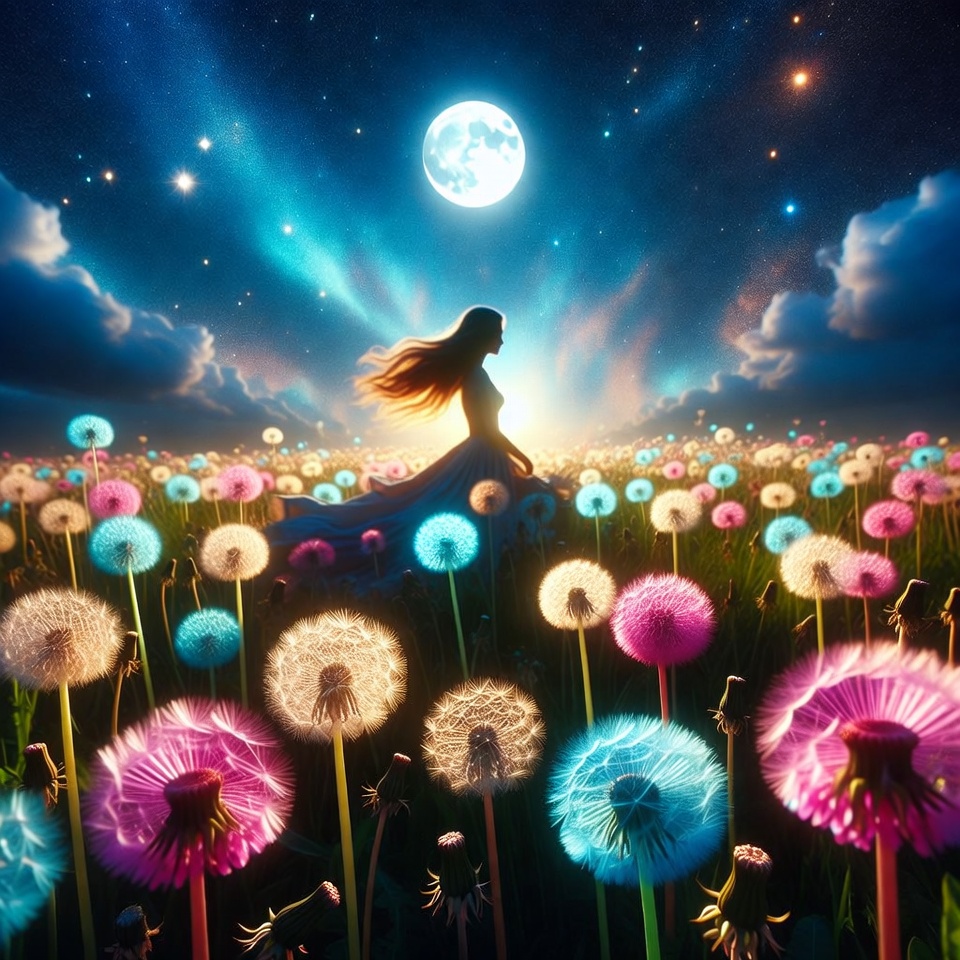 Dancer among glowing flowers at night Dancer among glowing flowers at night