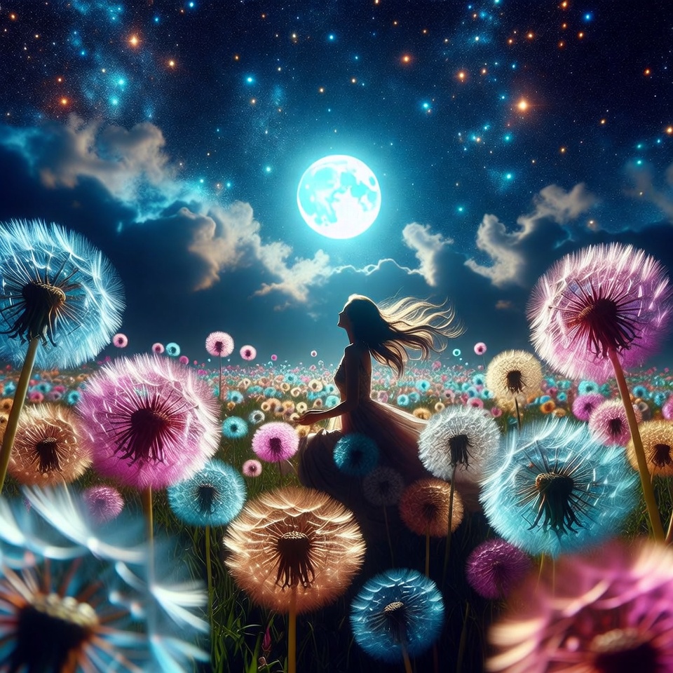 Woman in field of dandelions at night Woman in field of dandelions at night