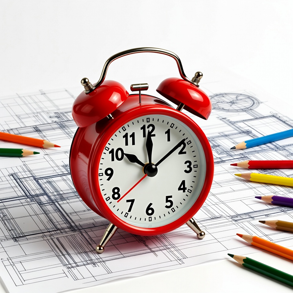 Red alarm clock on blueprint background Red alarm clock on blueprint background