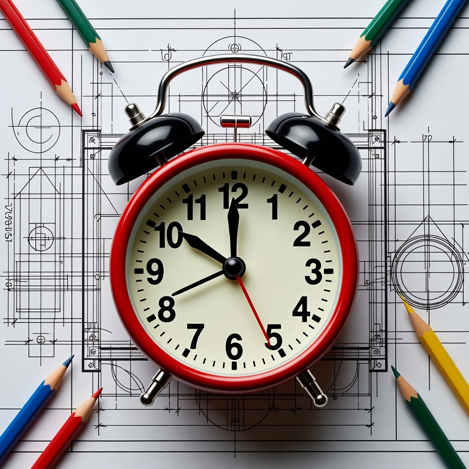 Clock on blueprints with colored pencils