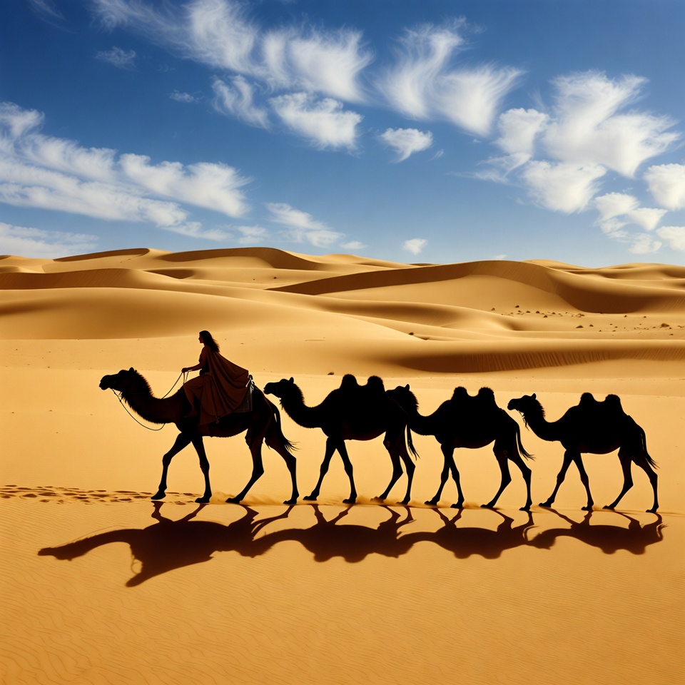Camels walking through desert sands Camels walking through desert sands