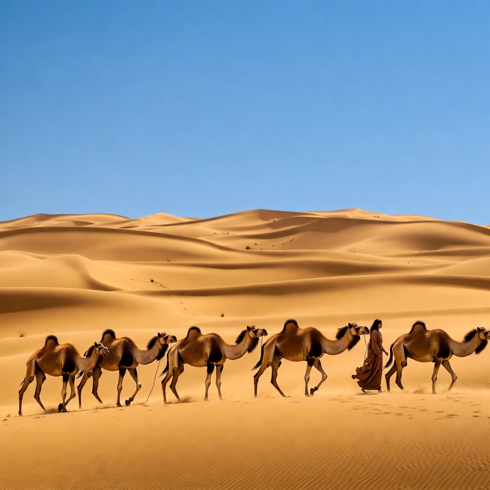 Camels walking through desert sands Camels walking through desert sands