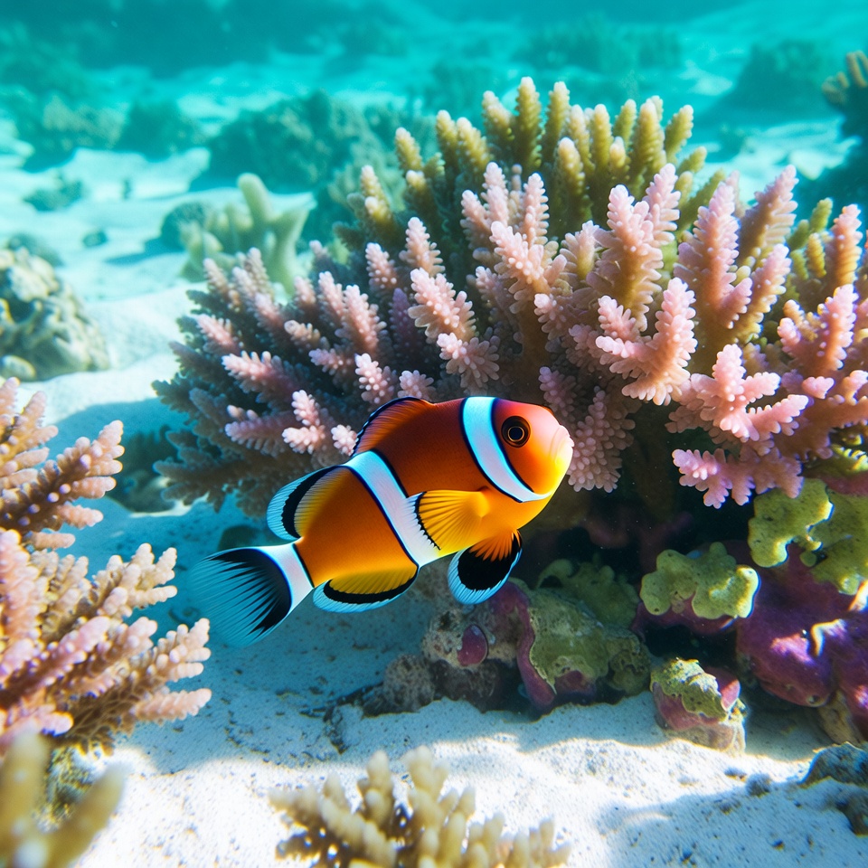 Clownfish swimming near coral reef Clownfish swimming near coral reef