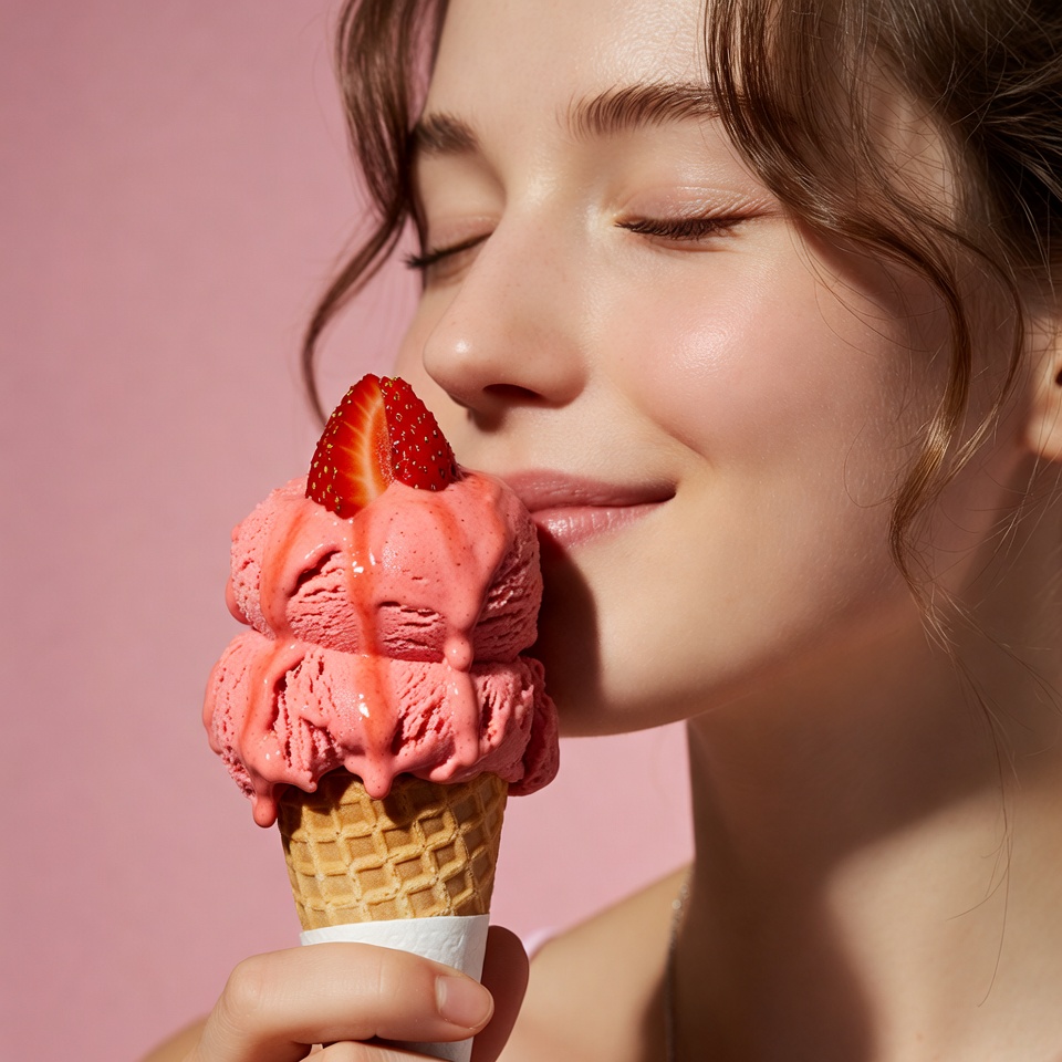 Enjoying strawberry ice cream cone Enjoying strawberry ice cream cone