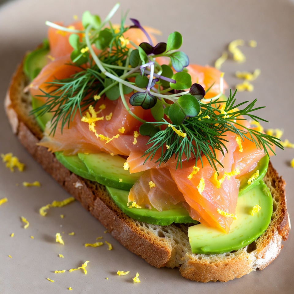 Salmon toast with avocado and herbs Salmon toast with avocado and herbs