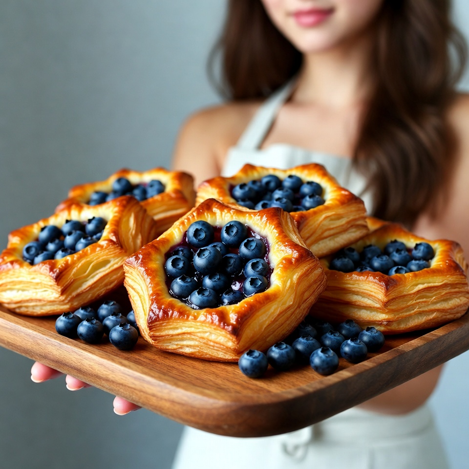 Blueberry pastries on wooden platter Blueberry pastries on wooden platter