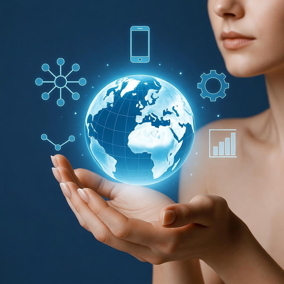 Woman holds glowing globe with icons Woman holds glowing globe with icons