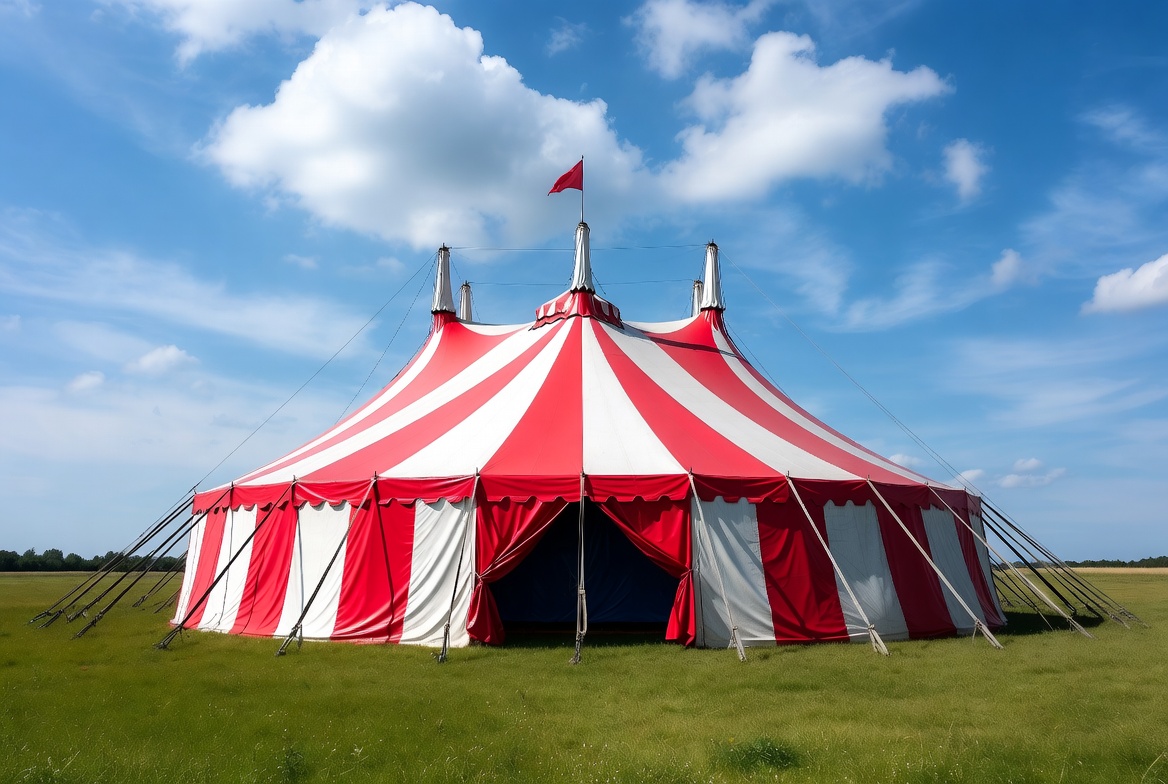 Red and white circus tent in a field Red and white circus tent in a field