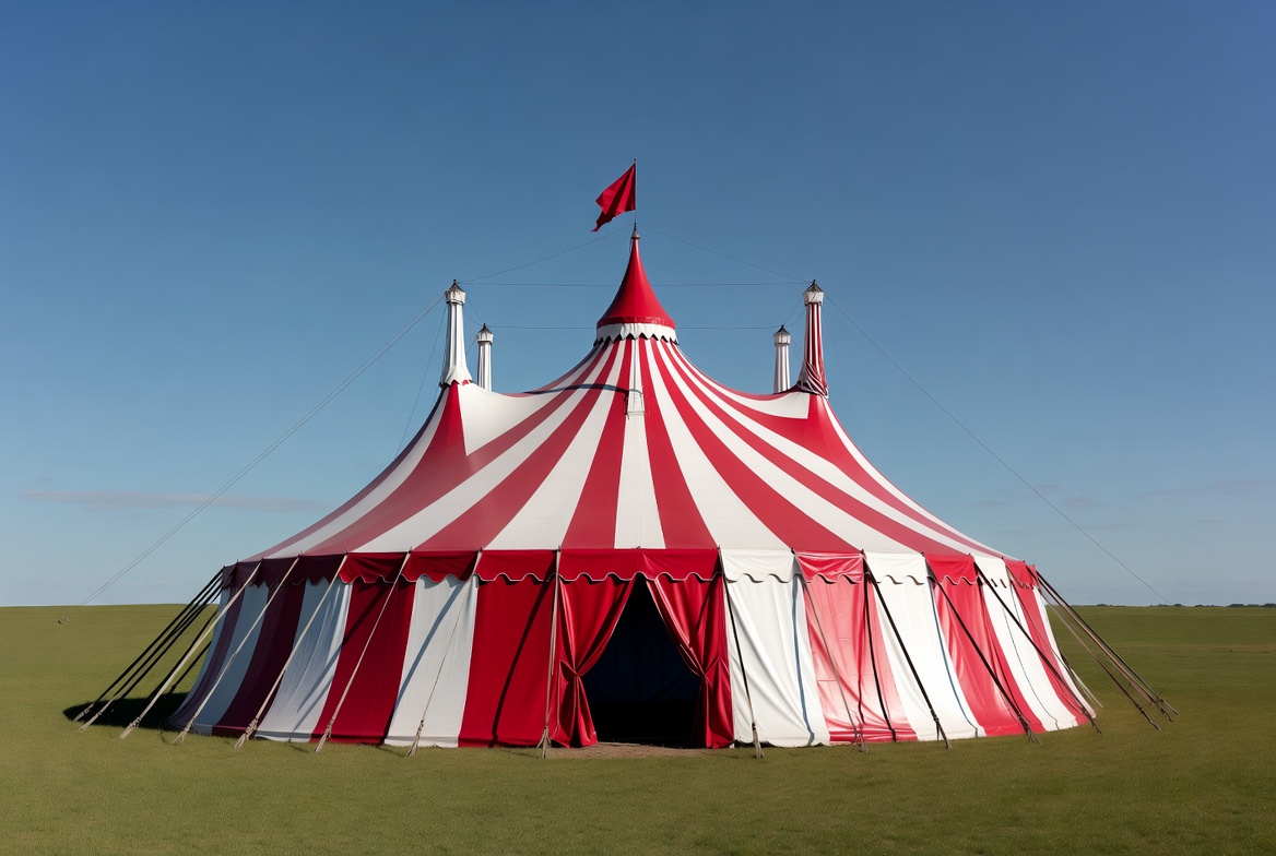Red and white circus tent in open field Red and white circus tent in open field