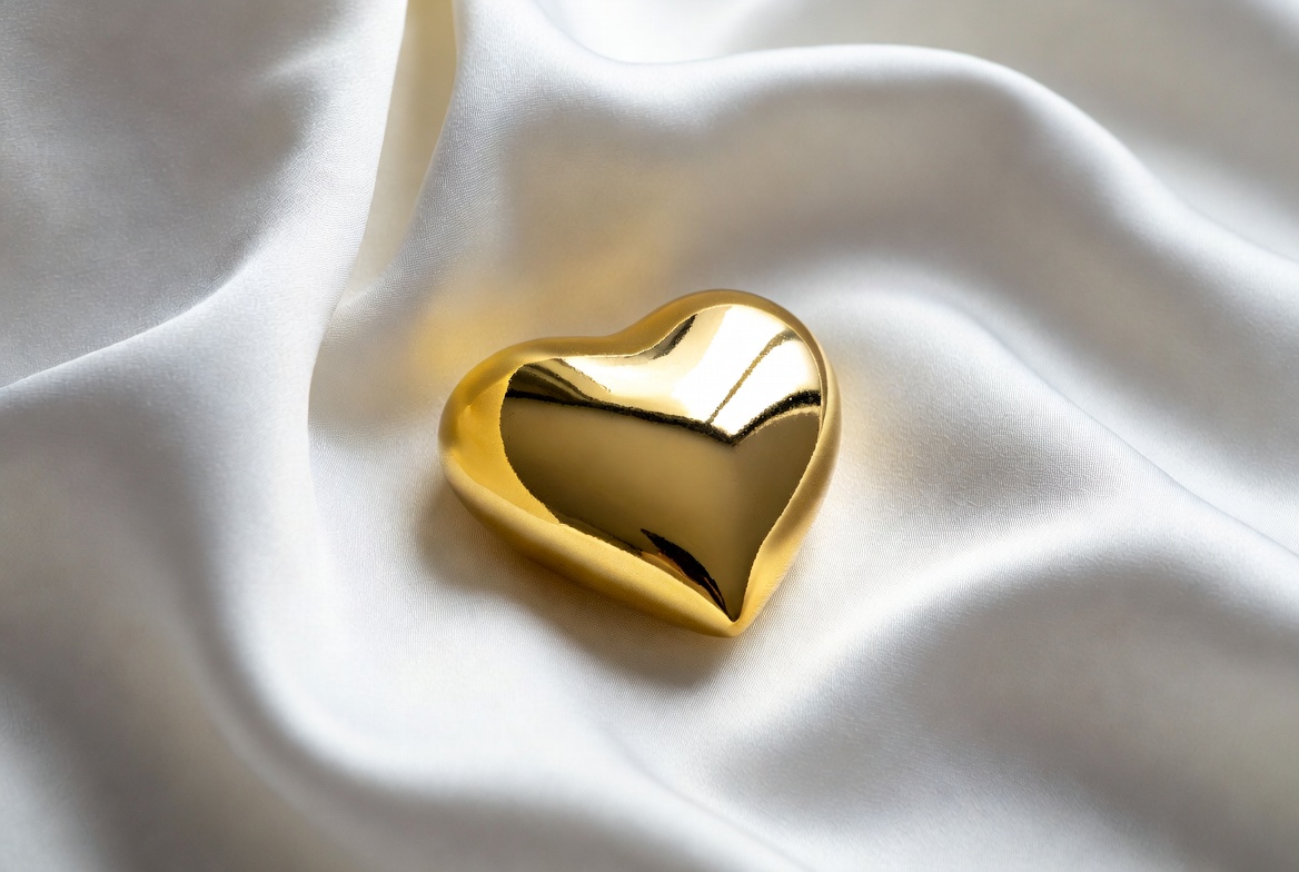 Gold heart on white fabric surface Gold heart on white fabric surface