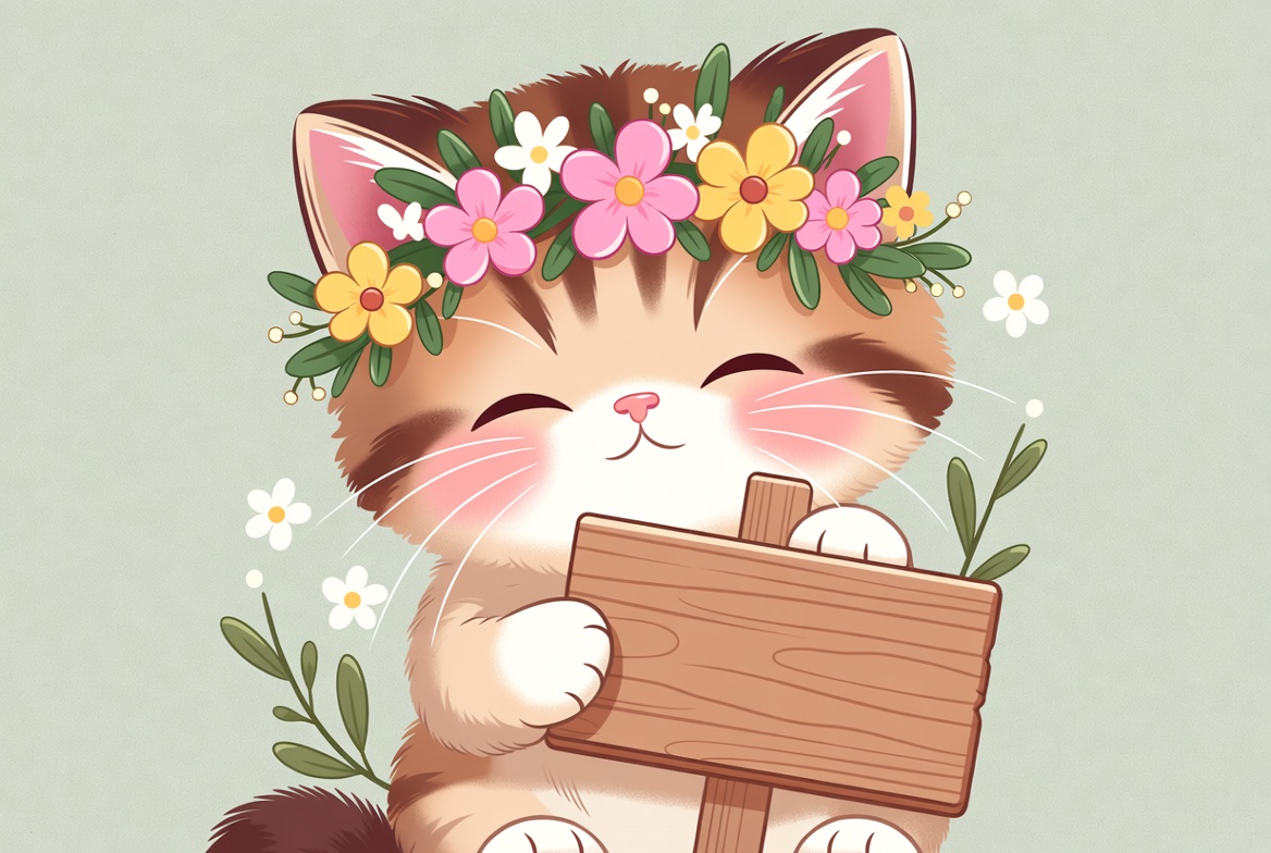Cute cat with flower crown holding sign Cute cat with flower crown holding sign
