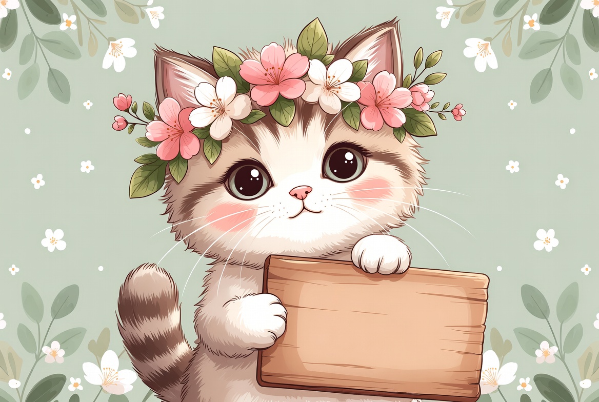 Cute cat with flower crown holding sign Cute cat with flower crown holding sign