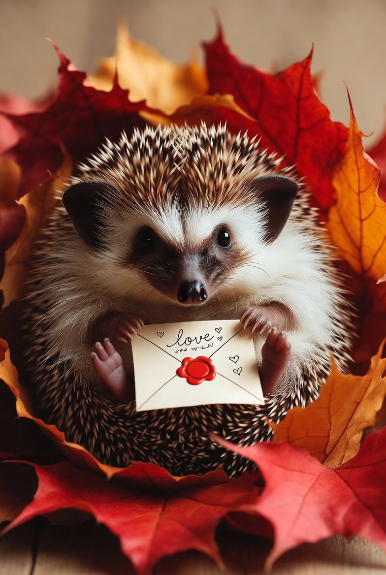 Hedgehog holds letter in autumn leaves Hedgehog holds letter in autumn leaves