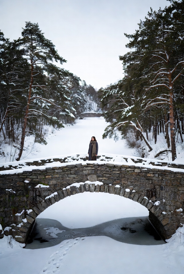 Person stands on stone bridge in winter Person stands on stone bridge in winter