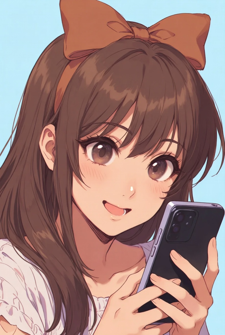 Girl with phone and bow in hair Girl with phone and bow in hair