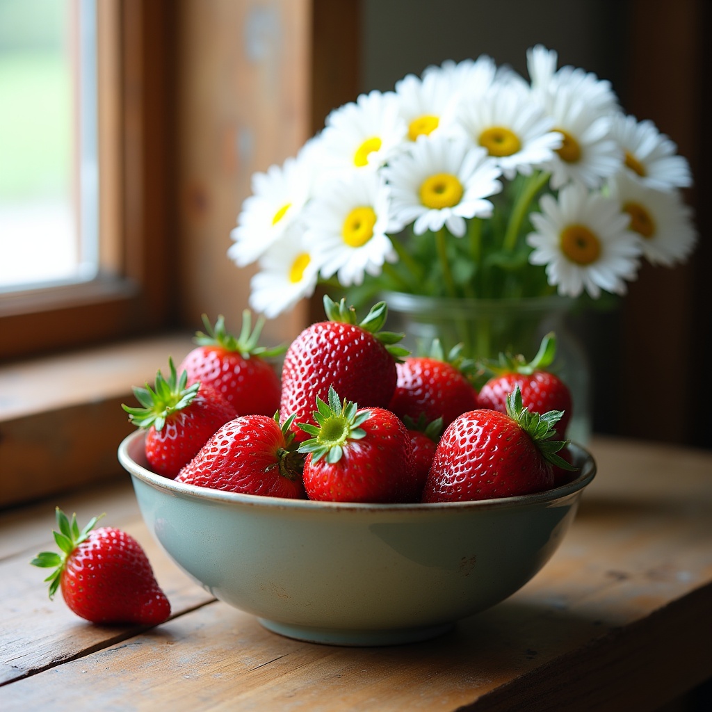 Strawberries and flowers on table Strawberries and flowers on table