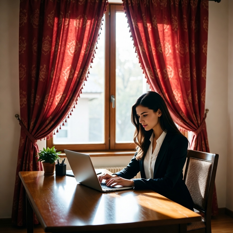 Woman working at a desk near window Woman working at a desk near window
