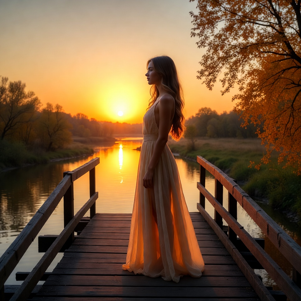 Woman standing by river at sunset Woman standing by river at sunset