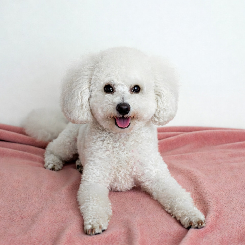 White dog lies on pink blanket White dog lies on pink blanket