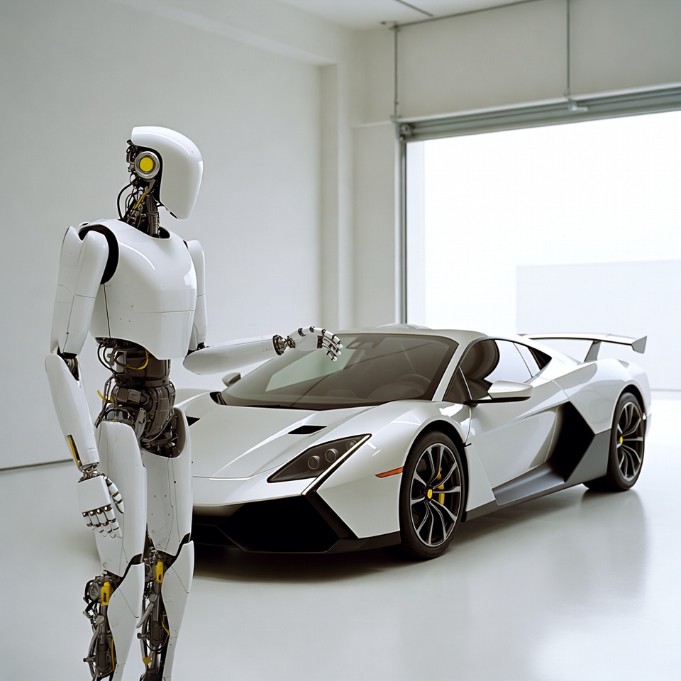 Robot stands next to white sports car Robot stands next to white sports car